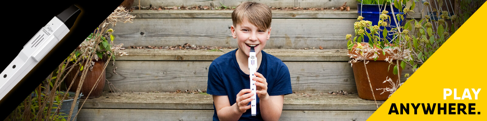 composite image of a child playing the Small Digital Wind Musical Instrument and text